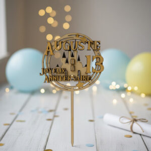 cake topper thème personnalisable en bois | décoration gâteau anniversaire sur mesure