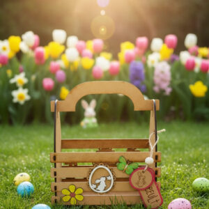 Panier de Pâques personnalisé en contreplaqué bois haute densité avec étiquette prénom.