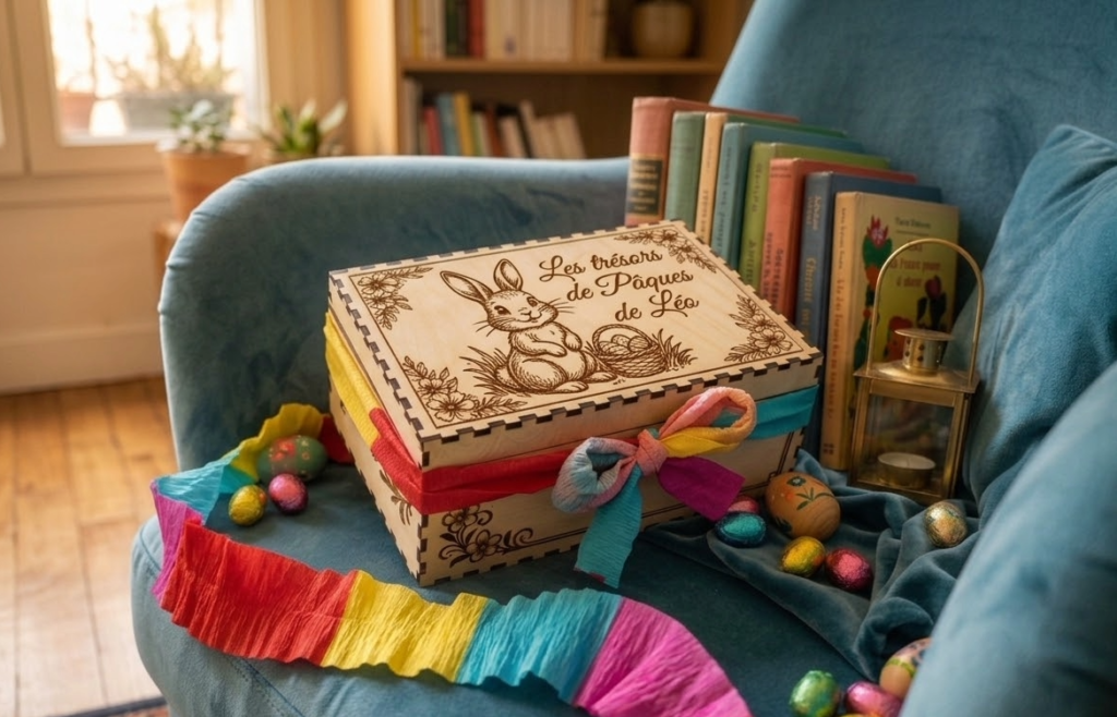 5 secrets pour une chasse aux œufs magique (et sans disputes !) Coffret à trésors de Pâques personnalisé en bois gravé avec décor lapin et texte "Les trésors de Pâques de Léo", niché dans un fauteuil en velours bleu avec des œufs en chocolat et des livres vintage.