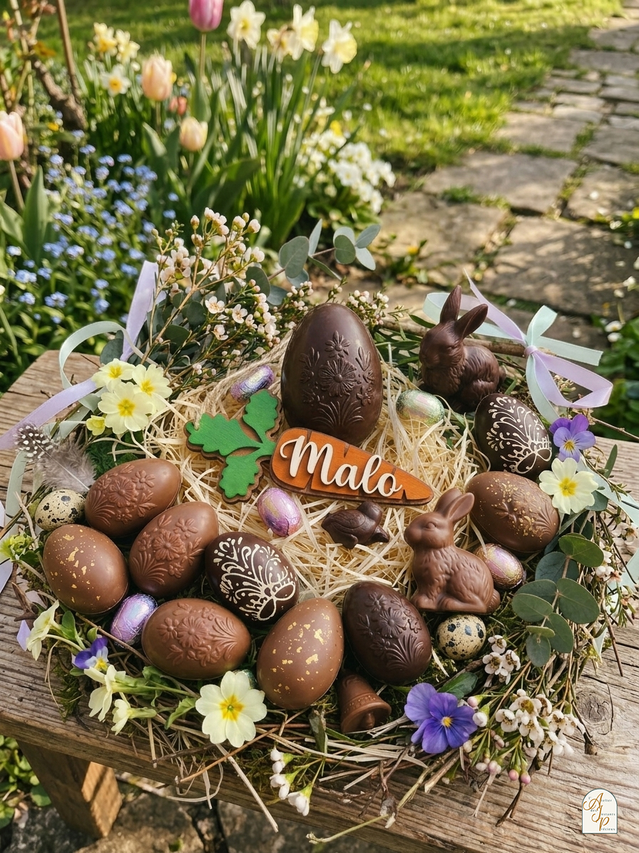 Étiquette de pâques personnalisée "petite carotte" Décoration de Pâques artisanale montrant une étiquette carotte personnalisée en bois verni éco-certifié, disposée dans un nid garni d'œufs en chocolat, de fleurs printanières et de figurines de lapins.