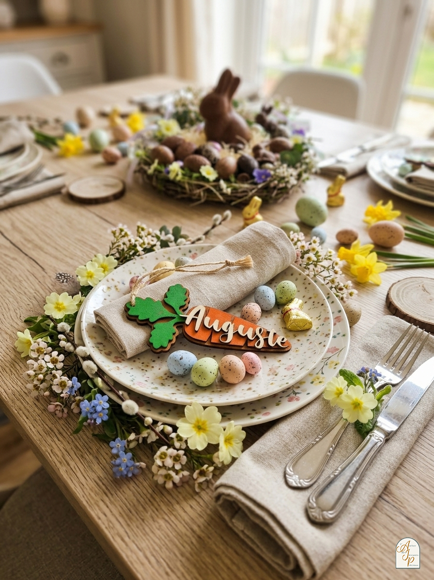 Étiquette de pâques personnalisée "petite carotte" Mise en scène d'une étiquette de Pâques personnalisée en bois en forme de carotte, utilisée comme marque-place sur une table de fête printanière avec fleurs et œufs colorés.