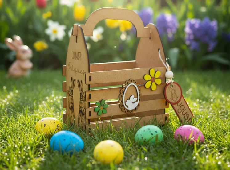 5 secrets pour une chasse aux œufs magique (et sans disputes !) Panier de Pâques personnalisé en bois de haute densité avec gravure fleurs et lapin, posé dans l