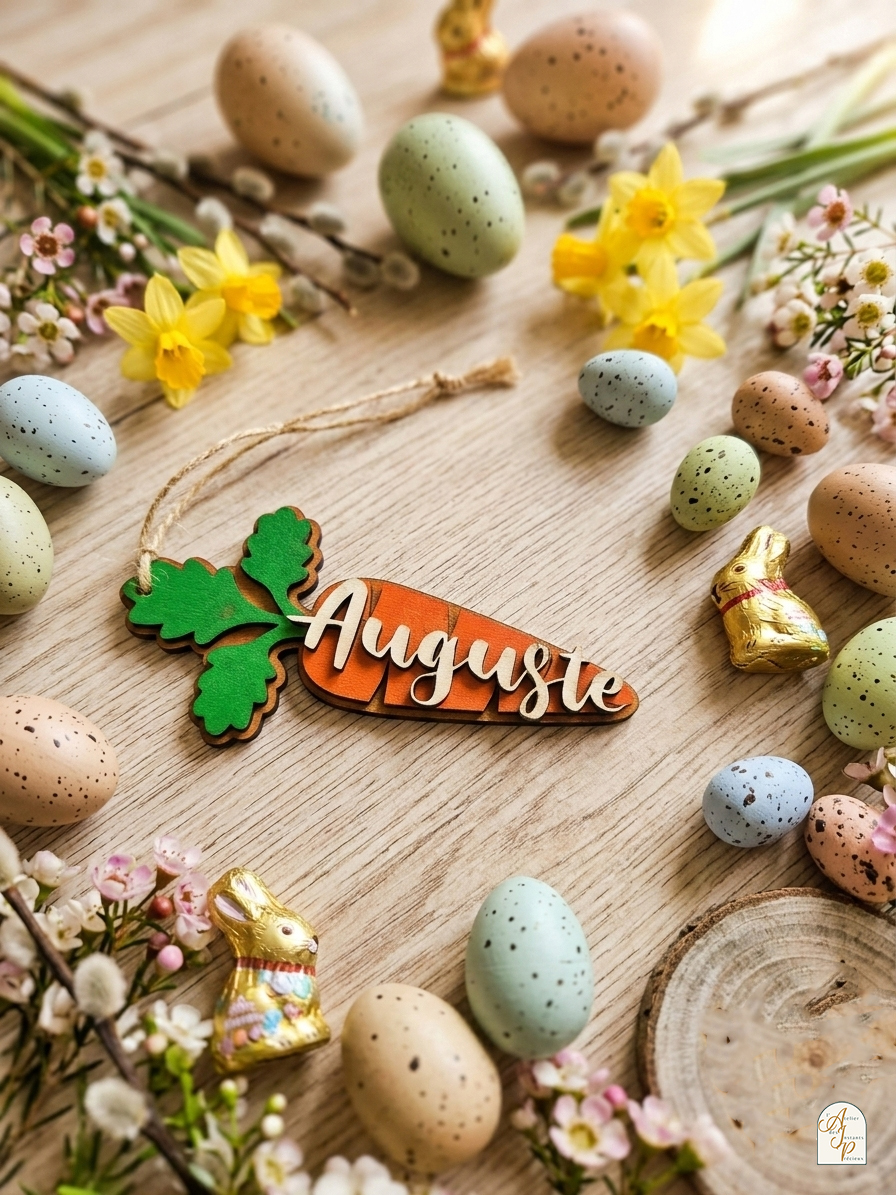 Étiquette de pâques personnalisée "petite carotte" Étiquette de Pâques en forme de carotte personnalisée en contreplaqué de haute densité, entourée d'œufs colorés, de fleurs de printemps et de petits lapins dorés sur un fond en bois clair.