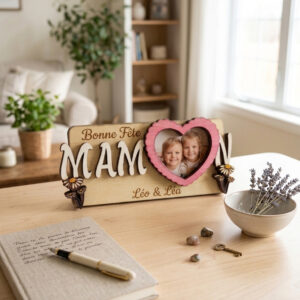 Cadre photo en bois personnalisé posé sur un bureau. Le cadre en contreplaqué de tilleul porte l'inscription gravée "Bonne Fête MAMAN", des prénoms "Léo & Léa" et une photo d'enfants dans un cadre en forme de cœur rose. Il est entouré de fleurs en bois, d'un carnet, d'un stylo et de brins de lavande.