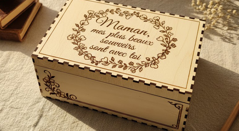 Coffret à souvenirs en bois gravé au laser avec une couronne de fleurs et le message Maman mes plus beaux souvenirs sont avec toi.